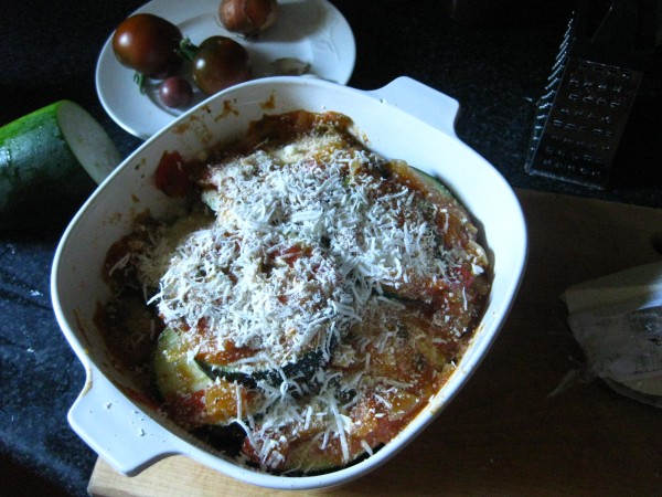 Zucchini Parmesan about to go into the solar oven